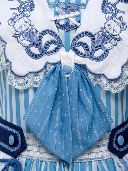 Light Blue Striped Low Waist Sailor Dress with Embroidery - Twin Bear Original Design