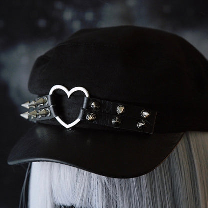 Ring Heart Hat Black Details Gothic Studs Beret