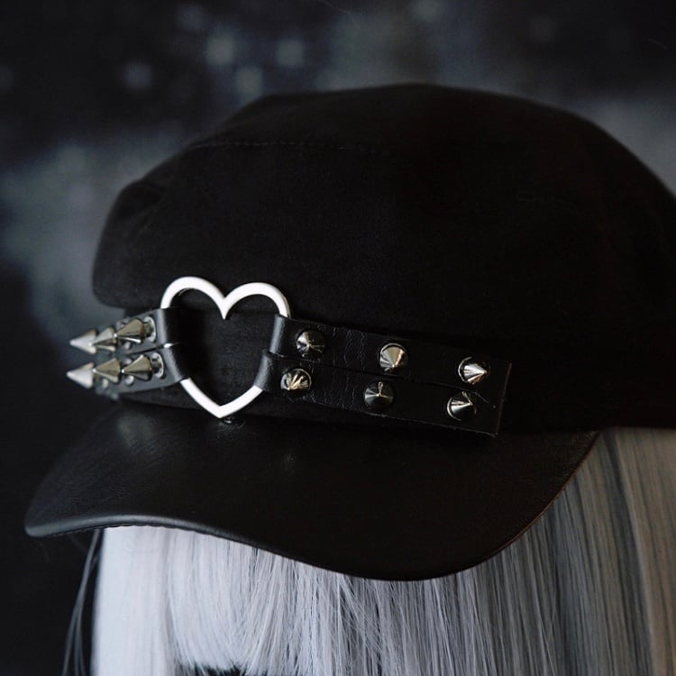 Studs Gothic Details Ring Hat Black Heart Beret