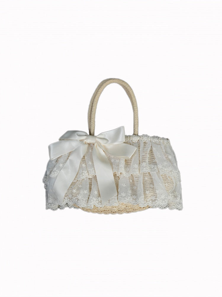 Lacework Bow Satin Handbag and Woven Beige