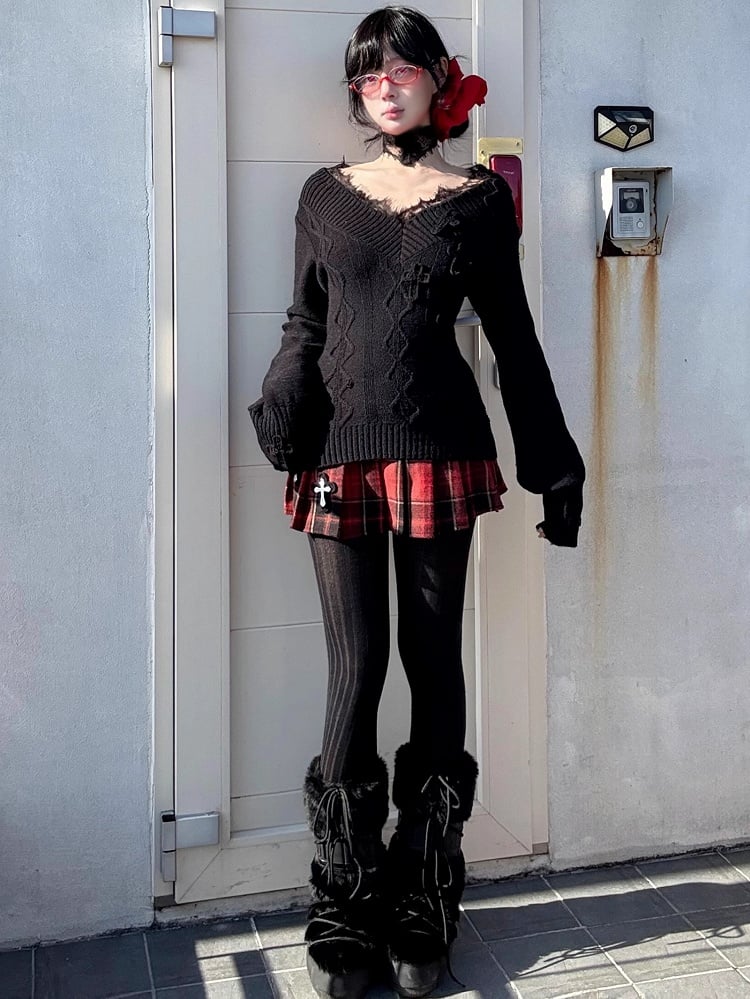 ゴシックレッドクロスチャームチェック柄ウールプリーツミニスカート