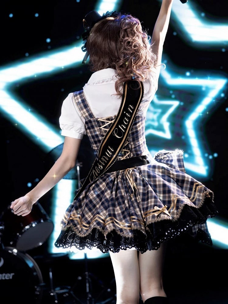 Blue Idol Lolita Plaid JSK Dress with Golden Bear Embroidery and Black Scalloped Hem - LiLi Chain