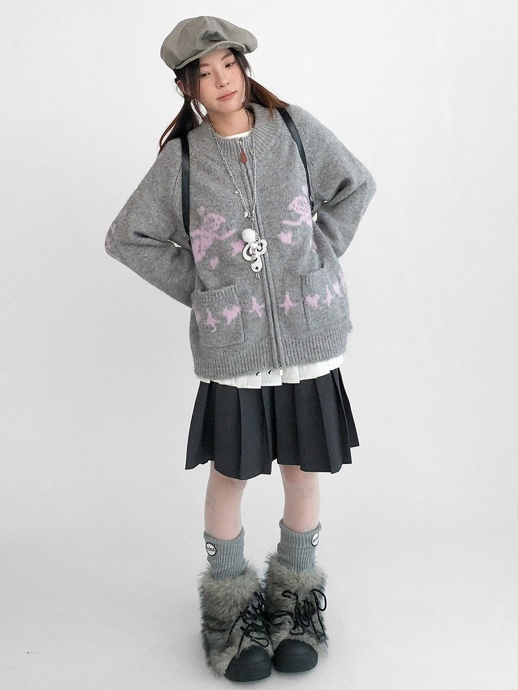 Two-way Pink Placket Zip Knit - Jacket Neck Round Grey