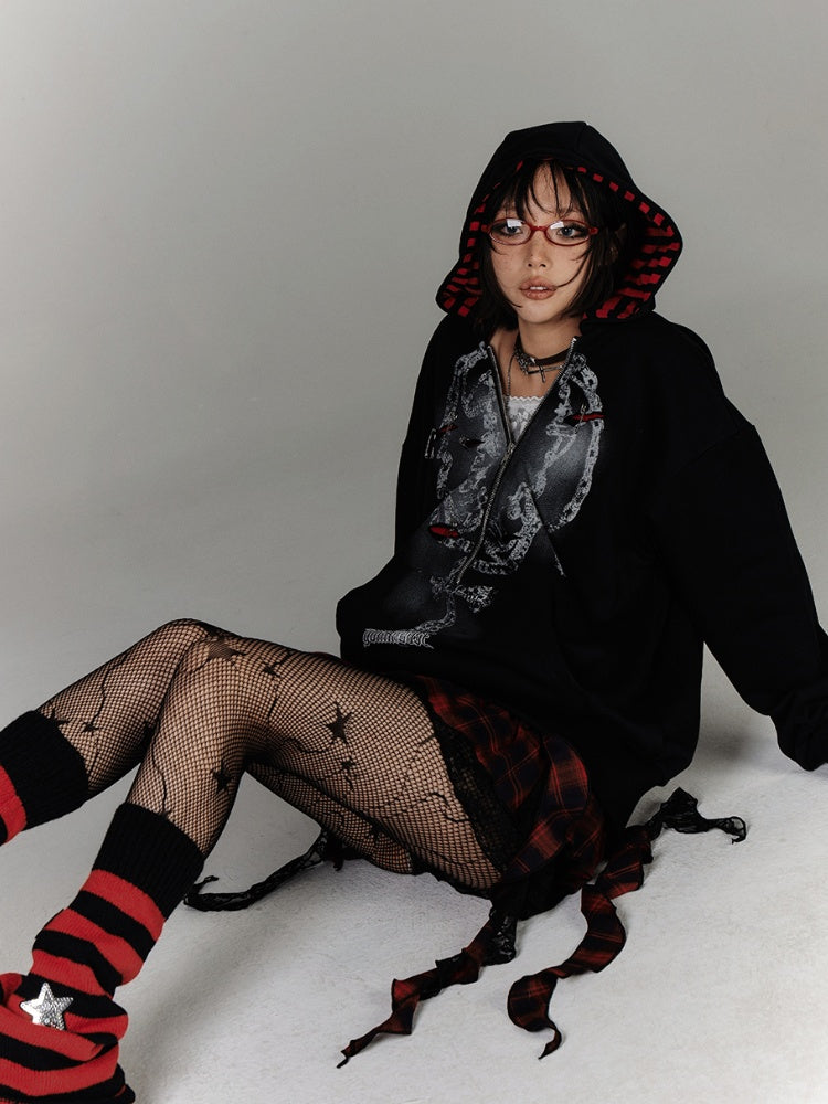 Two-pieces Hoodie Graphic Accents Holes Y2K Black Distressed Pin Faux