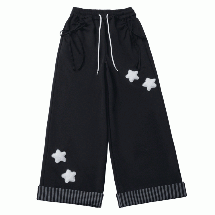 Gray/Black/Beige Plush with Rolled Star Cuffs Appliques Dark Sweatpants Striped