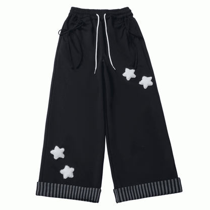 Gray/Black/Beige Plush with Rolled Star Cuffs Appliques Dark Sweatpants Striped
