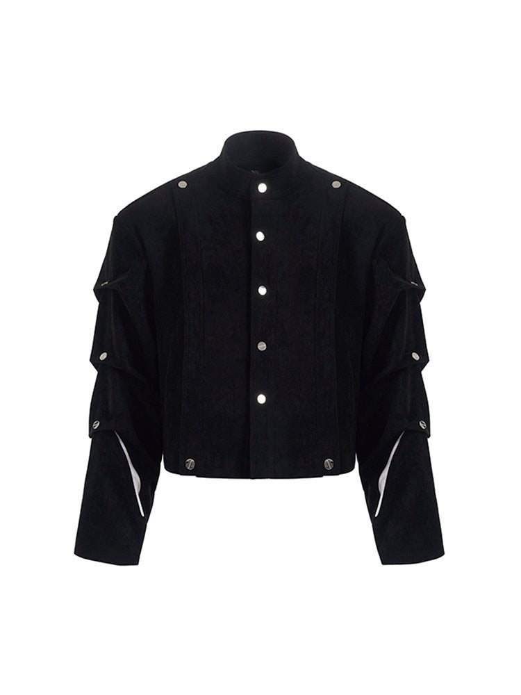 Deconstructed Suede Black Cropped Men’s Sleeve Pleating with Jacket