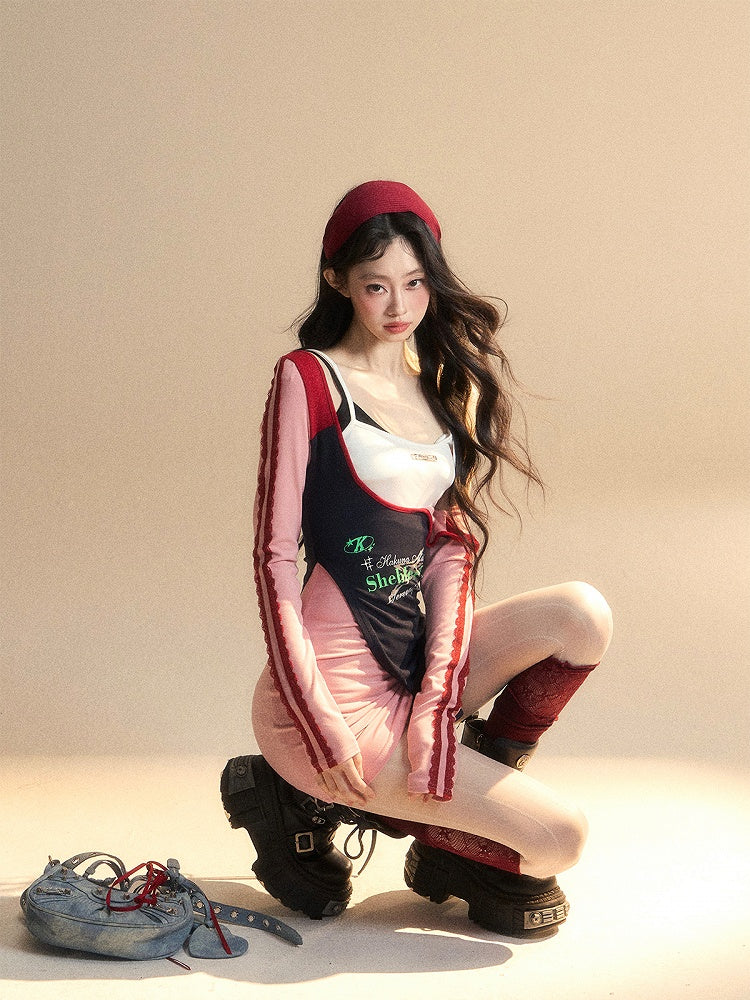 Taille Patchwork Design Glamouröse Rosa Kleid Hohe Mini