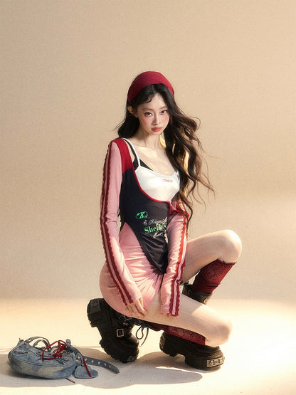 Taille Patchwork Design Glamouröse Rosa Kleid Hohe Mini