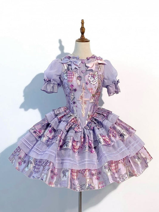 Purple Cross Print Boned Basque Waist Y2K Lolita JSK Dress (XS-XL)