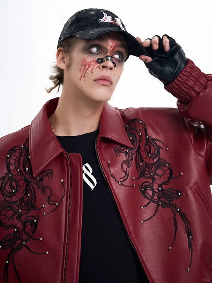 Jacket Red for Men Studded Details with in Punk PU