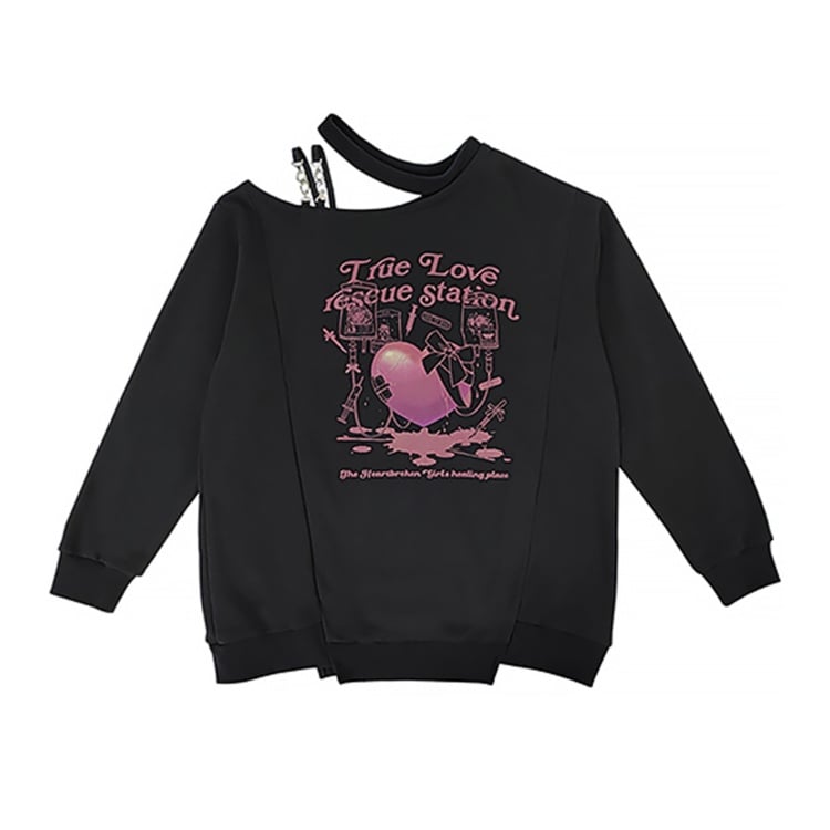 ブラックのカットアウトショルダーハート＆リボンプリントトップス