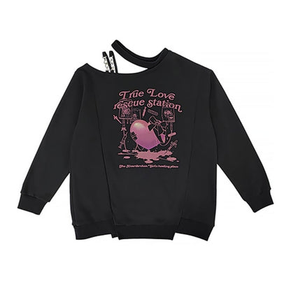 ブラックのカットアウトショルダーハート＆リボンプリントトップス