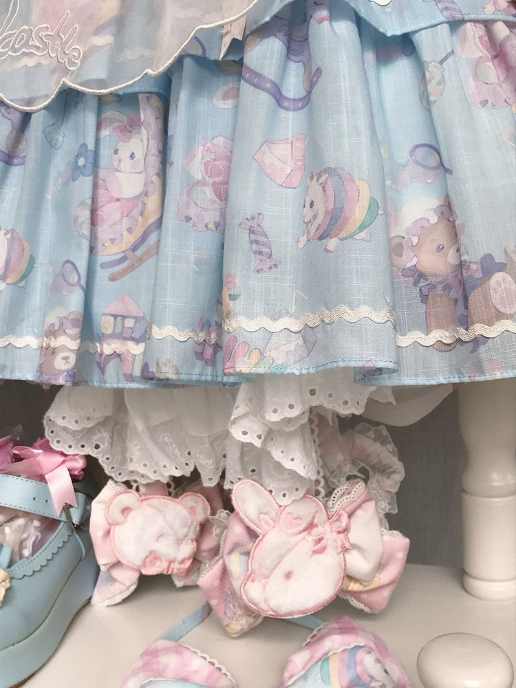 Cute Blue Lace Detailed Overall Gown with Detachable Apron Set - Vcastle