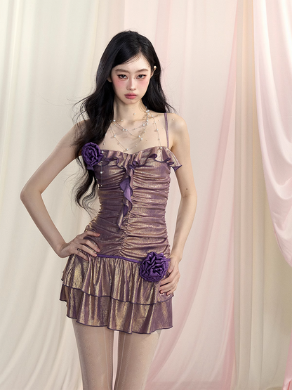 Purple Ruched Design Cascading Ruffle Mini Bodycon Slip Dress Neckline