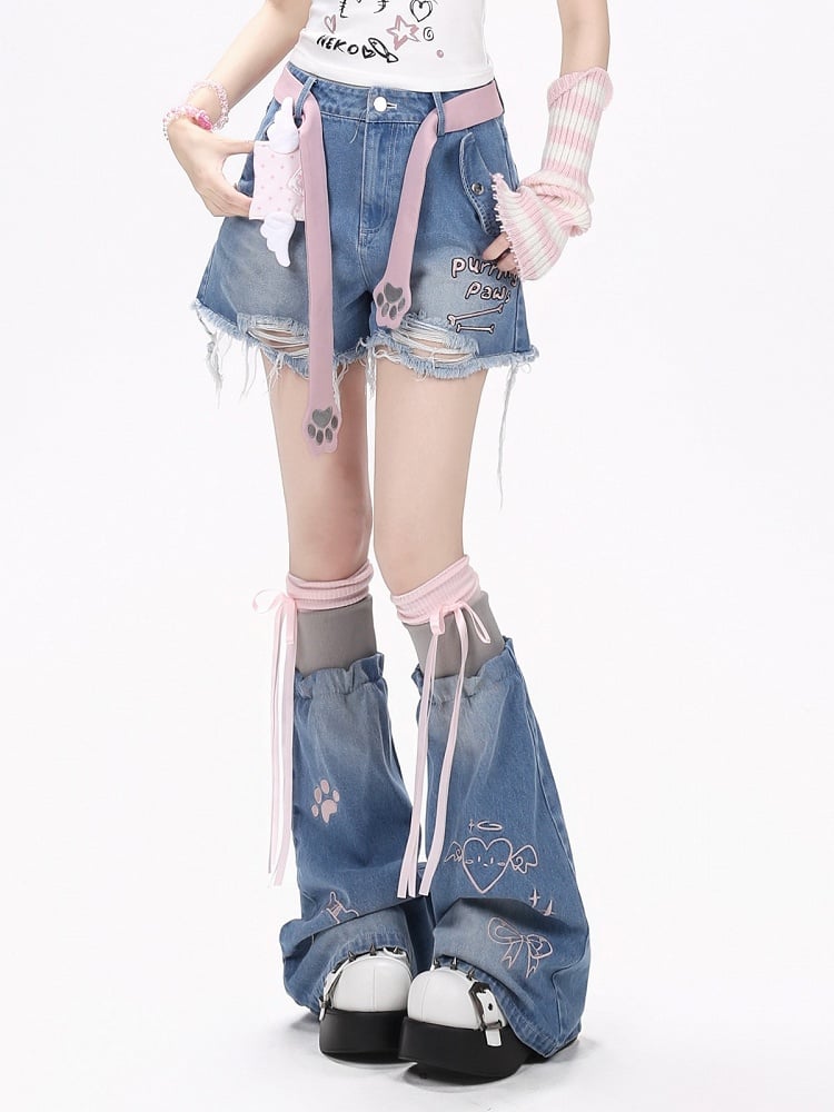 Blue Ripped Denim Shorts with Cat Belt Set - CRAZY GIRL