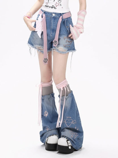 Blue Ripped Denim Shorts with Cat Belt Set - CRAZY GIRL
