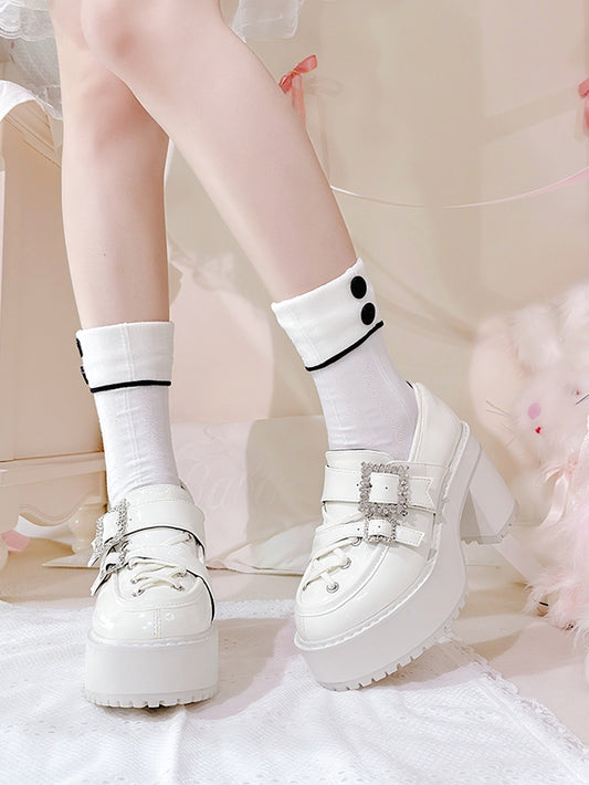 Kei Crossed Glossy White Straps Block Chunky Platform Crystal with - Heel Jirai Loafers Buckles
