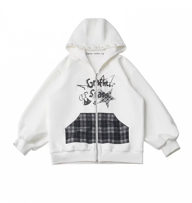 Zip-Up Hoodie with Graffiti Print, Metal Eyelets, Plaid Kangaroo Pocket in White - PINK SAVIOR