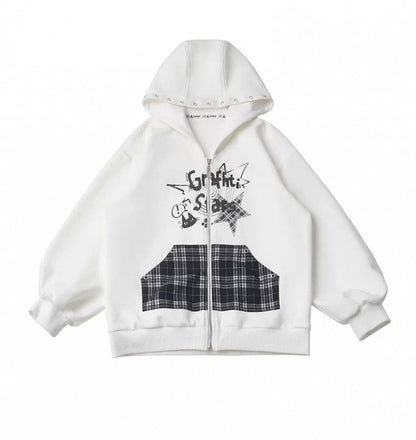 Zip-Up Hoodie with Graffiti Print, Metal Eyelets, Plaid Kangaroo Pocket in White - PINK SAVIOR