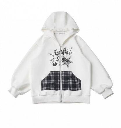 White Graffiti Zip-Up Hoodie with Plaid Kangaroo Pocket & Metal Eyelets - PINK SAVIOR