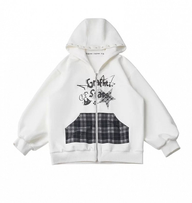 White Graffiti Zip-Up Hoodie with Plaid Kangaroo Pocket & Metal Eyelets - PINK SAVIOR