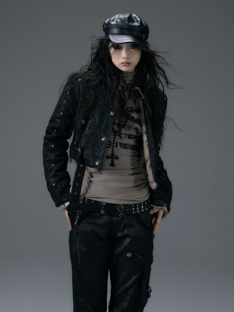 バックル＆スタッズ ブラック リバーシブル レオパード シャギー ジャケット