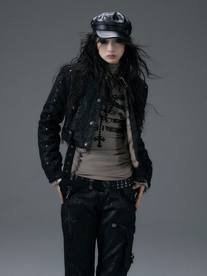 バックル＆スタッズ ブラック リバーシブル レオパード シャギー ジャケット