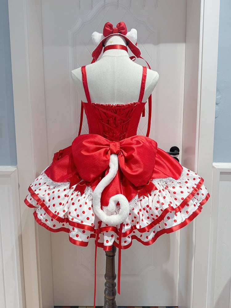 Lolita Fluffy Basque Dress Sweet Bow White Polka-dot with Pattern and Waist Red Accents