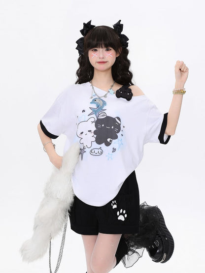 Playful Kitten One-Shoulder Tee Blue/Apricot/WhiteBlack