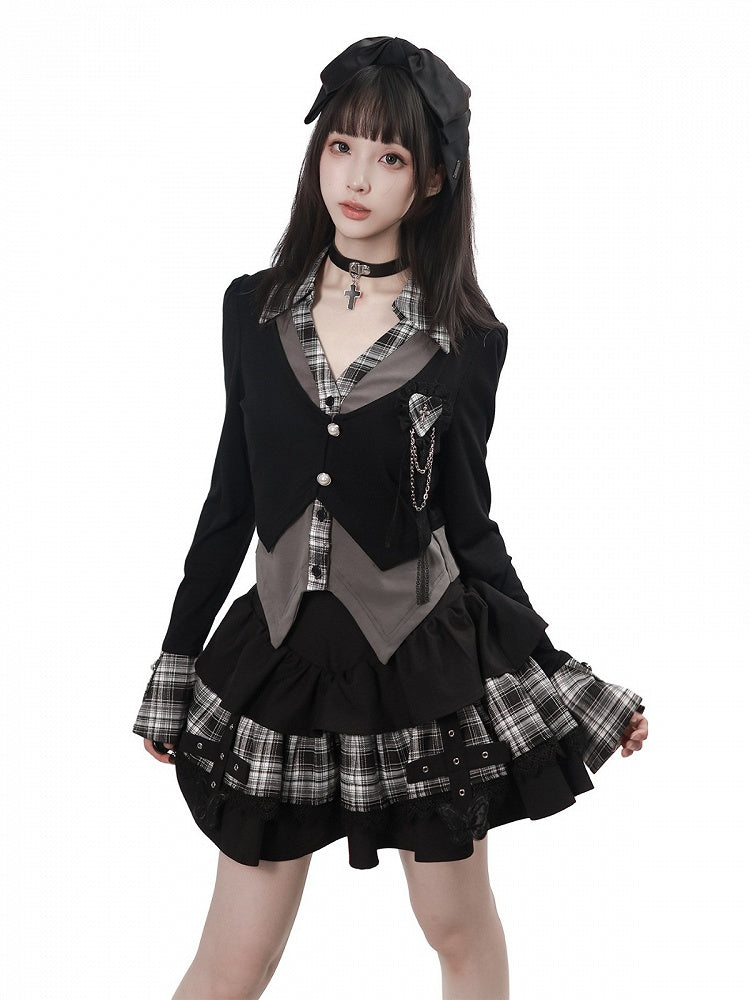 Vintage Kawaii Black & Gray Plaid Faux Two-Piece Knit Shirt with Heart Brooch - PINK SAVIOR