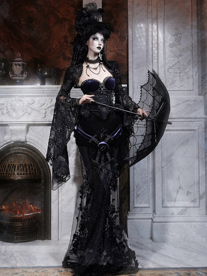 Bow Gothic Hat Velvet Detachable Veil High-Top and Lace with Black Feather