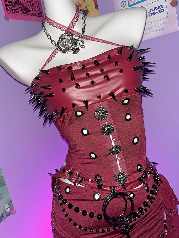 Top + Punk-Nieten-Mini-Set-Rock Rot