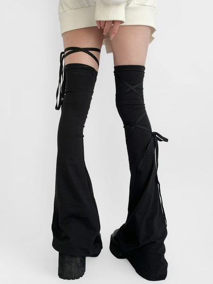 Flared Black Strap Design Warmers Leg