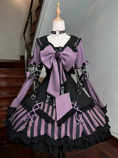 Kitty Gothic Striped + JSK Top Bow and Dress Pattern Ears Black Sailor Collar Lolita Big Purple Cropped