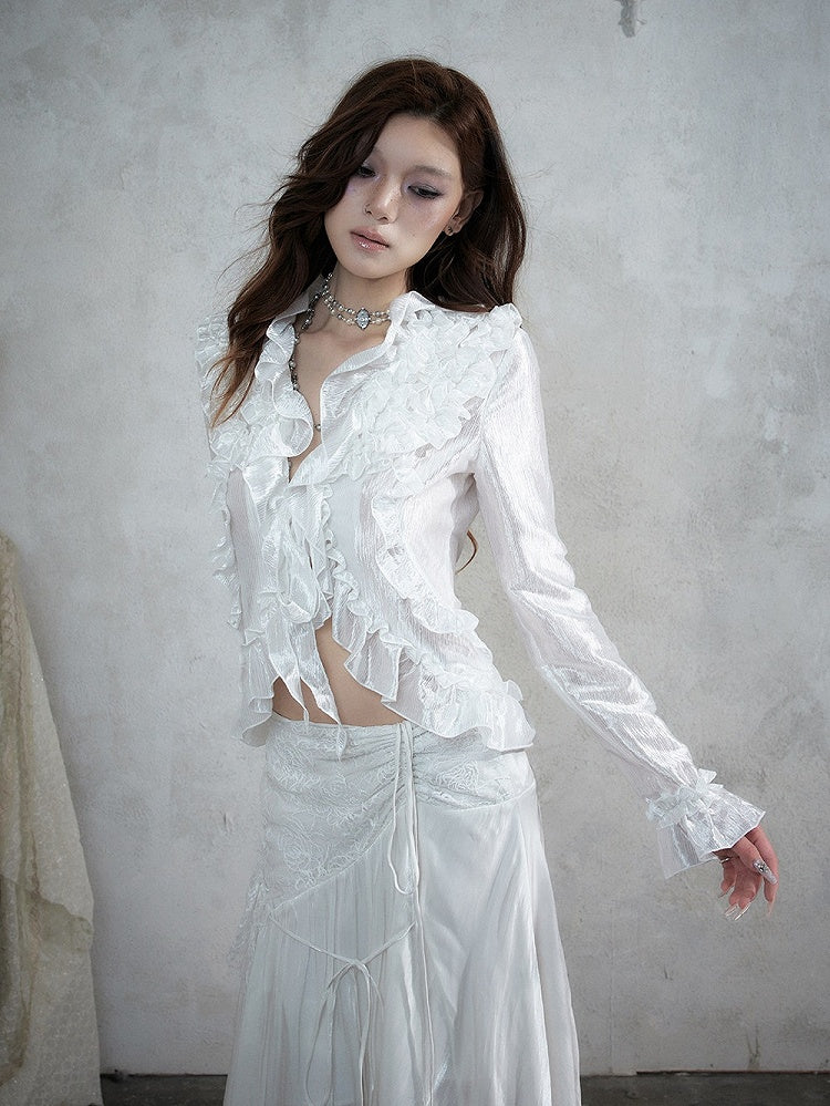 Shimmery White Ruffle Decorated Long Sleeve Blouse with Tie-Back Waist Cinch - NO ROMANCE