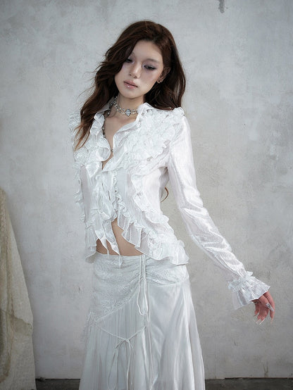 Shimmery White Ruffle Decorated Long Sleeve Blouse with Tie-Back Waist Cinch - NO ROMANCE