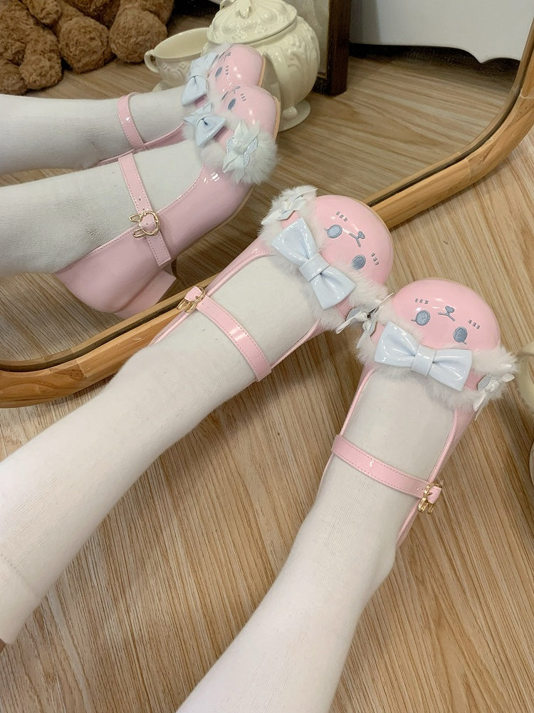 Lolita Schuhe Süße Bowknot PinkBlue Strap Toe Ohr Schnalle Runde Details Plüsch Hase Mit