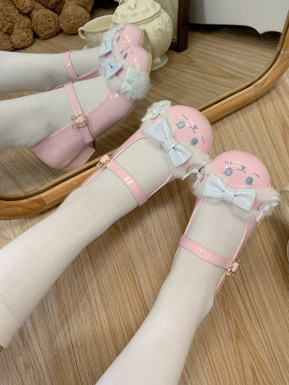 Lolita Shoes Sweet Bowknot PinkBlue Strap Toe Ear Buckle Round Details Plush Bunny With