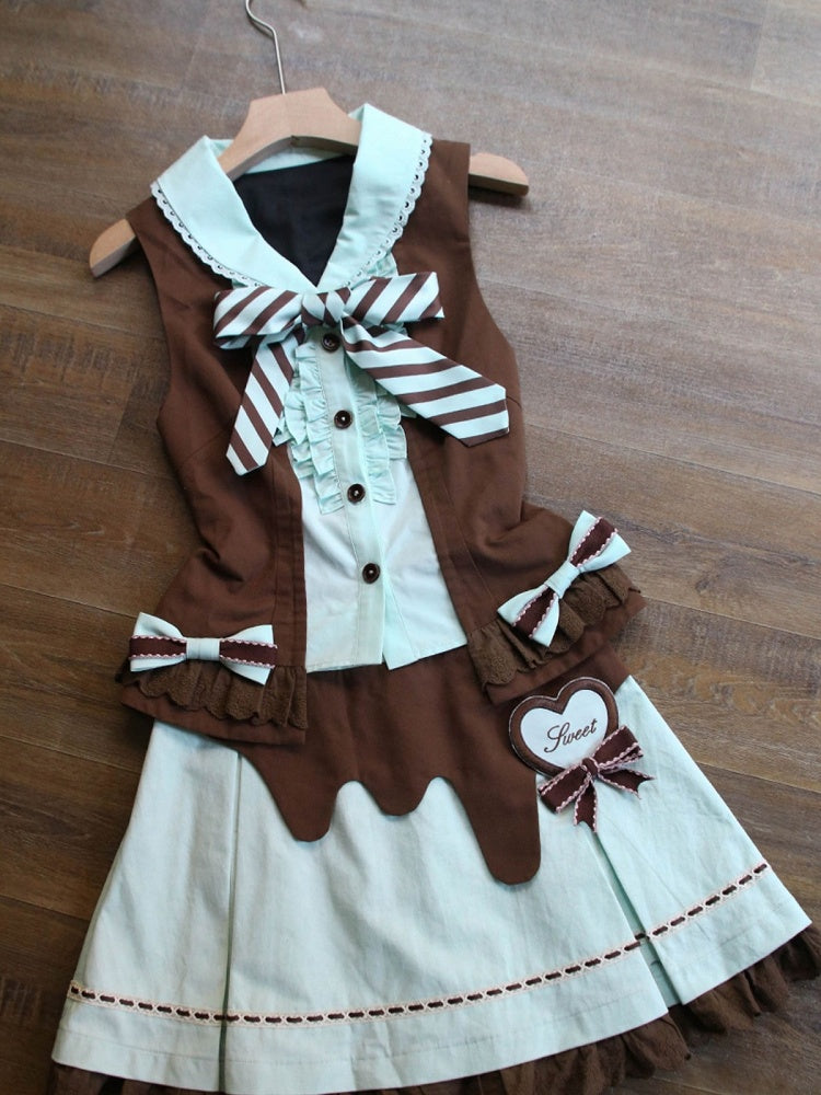 Mint & Cocoa Two-Piece Bow Sleeveless Top Ensemble with Ruffled Lace Skirt - Sweet Dream