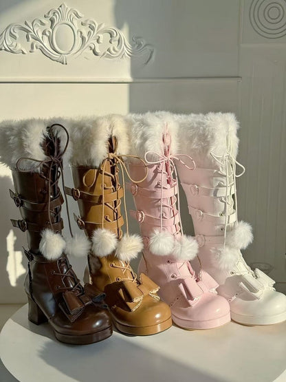 Dark at Closure - Top Boots Hybrid Elegant Brown Winter Lolita Bow