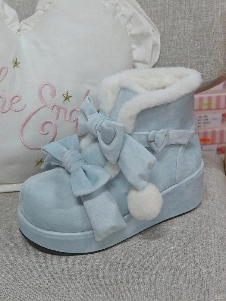 Süße Winter-Lolita mit Details Plateaufutter Herz Fleece Blau Schnalle Stiefel Bowknot