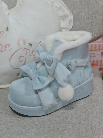 Süße Winter-Lolita mit Details Plateaufutter Herz Fleece Blau Schnalle Stiefel Bowknot