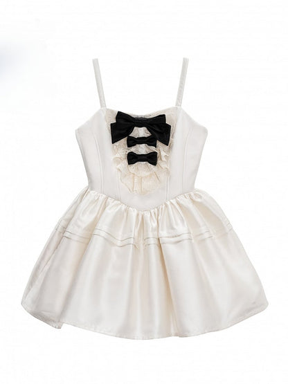 and Waist Basque Sweet Lolita Details Dress with Lace Layered White Bow