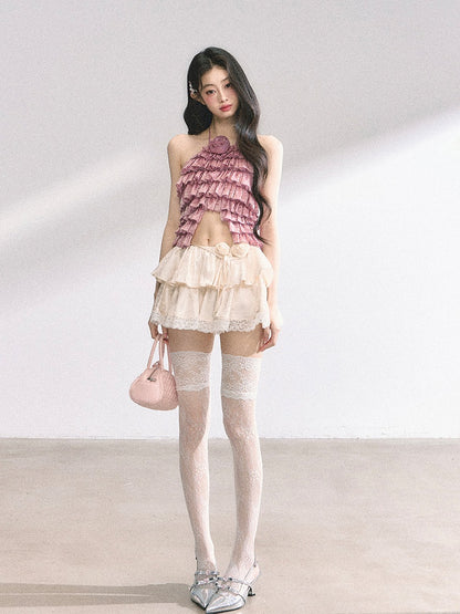 Halter Neck Top Apricot/Pink Decorated Tiered Ruffles Floral