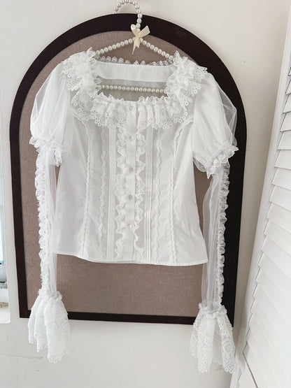 Cream Puff-Sleeve Top with Removable Lace Sleeve Extensions
