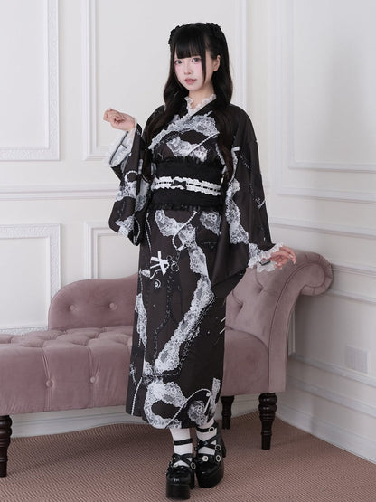 Long Version Black Yukata-Inspired Jirai Kei Lace Print Skirt - No Genki