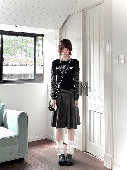 Heart Gray Striped Two-pieces Print with Top Faux Corss Black