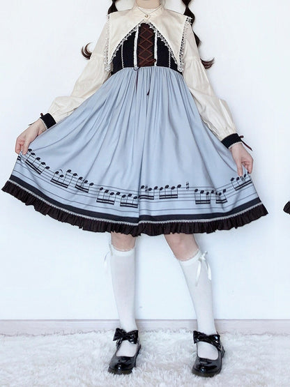 Musical Note Blue Autumn Lolita Long Sleeves Dress with Separate Pointed Collar