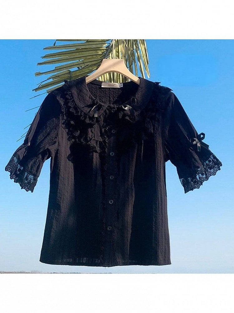 Black Bow-Trim Blouse with Lace Details - Lan Jian Chuan